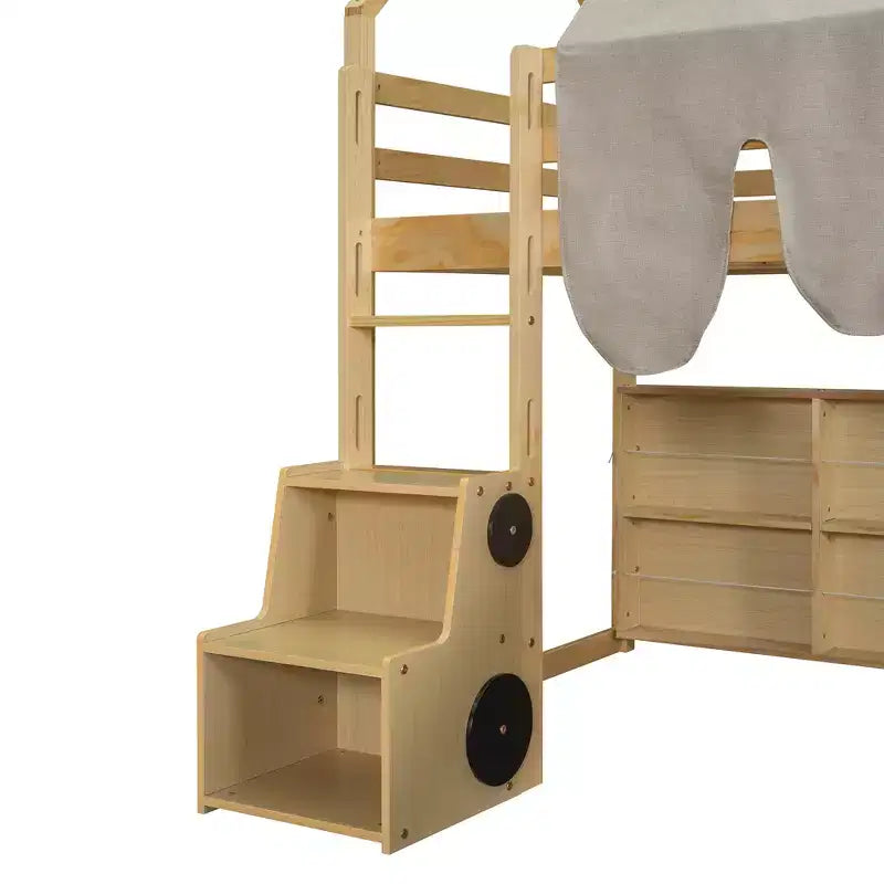 Letto a soppalco basso per bambini con scivolo e ripiani, struttura in legno a forma di casetta con tenda e scale