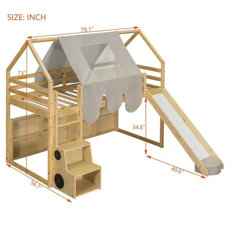 Letto a soppalco basso per bambini con scivolo e ripiani, struttura in legno a forma di casetta con tenda e scale