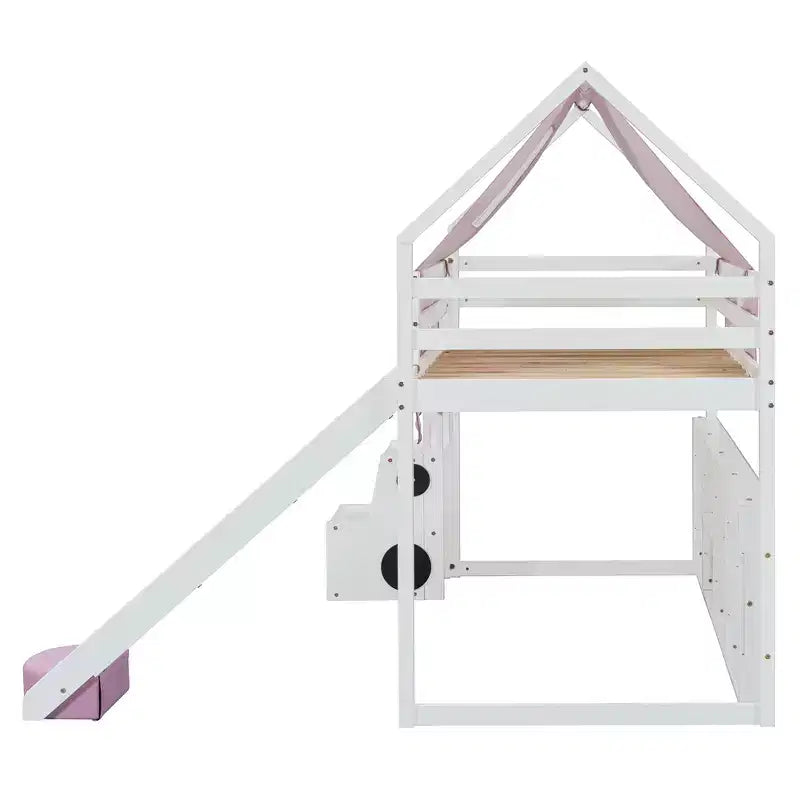 Letto a soppalco basso per bambini con scivolo e ripiani, struttura in legno a forma di casetta con tenda e scale