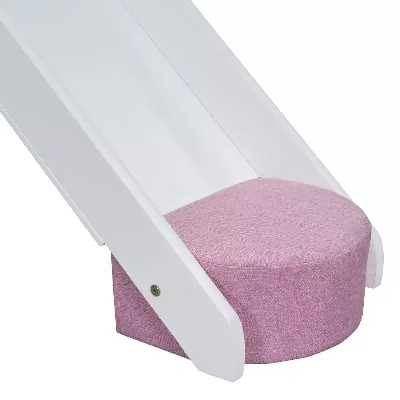Letto a soppalco basso per bambini con scivolo e ripiani, struttura in legno a forma di casetta con tenda e scale