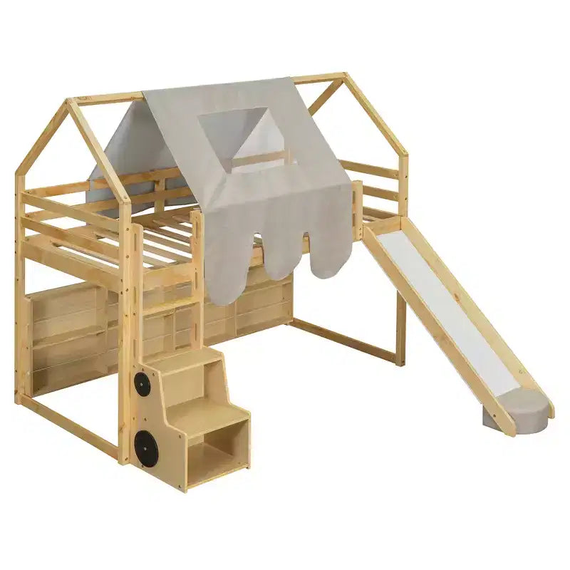Letto a soppalco basso per bambini con scivolo e ripiani, struttura in legno a forma di casetta con tenda e scale