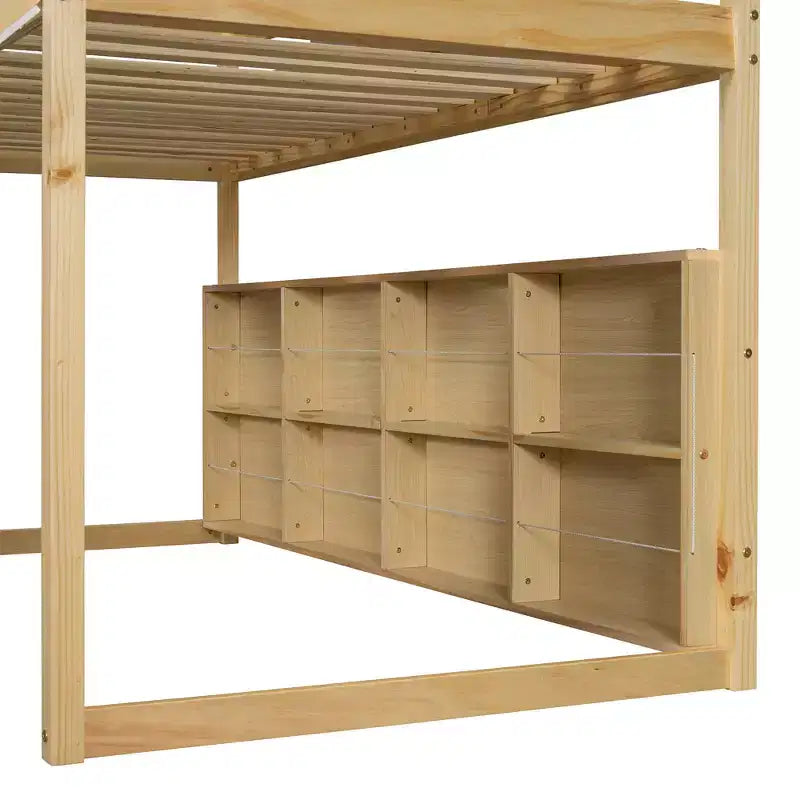 Letto a soppalco basso per bambini con scivolo e ripiani, struttura in legno a forma di casetta con tenda e scale