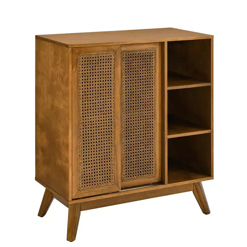 MAYEERTY Madia a buffet moderna di metà secolo in rattan con ripiano regolabile Piedini in legno massello Ante in rattan Noce