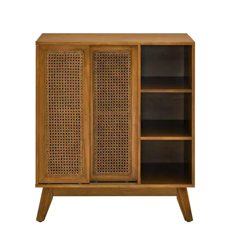 MAYEERTY Madia a buffet moderna di metà secolo in rattan con ripiano regolabile Piedini in legno massello Ante in rattan Noce