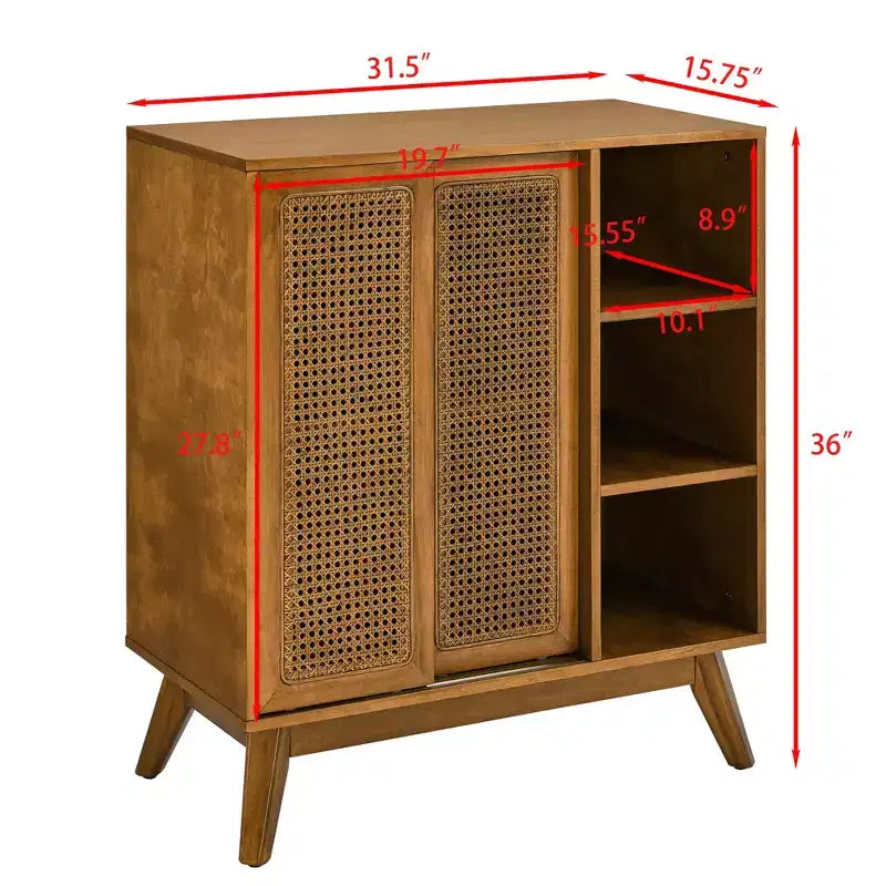 MAYEERTY Madia a buffet moderna di metà secolo in rattan con ripiano regolabile Piedini in legno massello Ante in rattan Noce