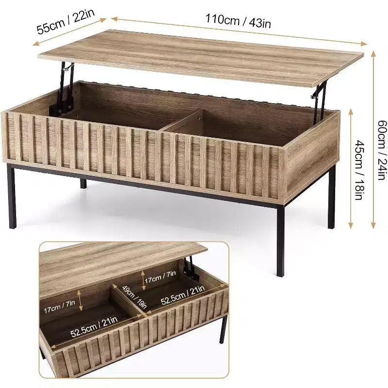 Tavolino da caffè in legno con piano sollevabile, larghezza 109 cm, e ampio scomparto nascosto, marrone