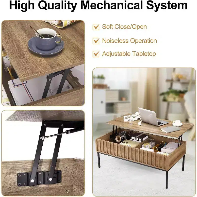 Tavolino da caffè in legno con piano sollevabile, larghezza 109 cm, e ampio scomparto nascosto, marrone