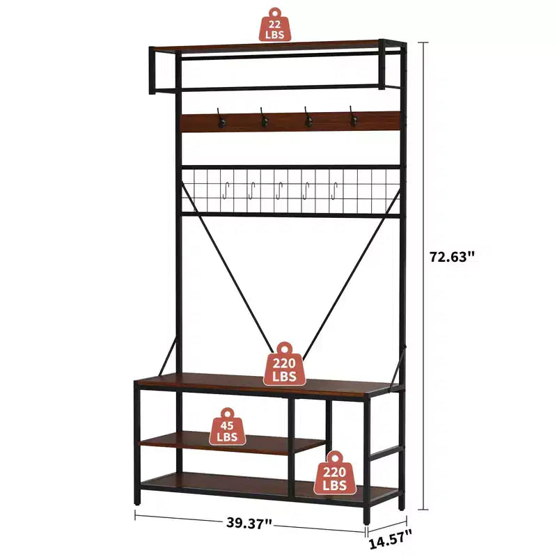 Garvee, attaccapanni da ingresso 5 in 1, con panca e ganci, 184 cm, per scarpe e cappotti, per ingresso, corridoio, camera da letto