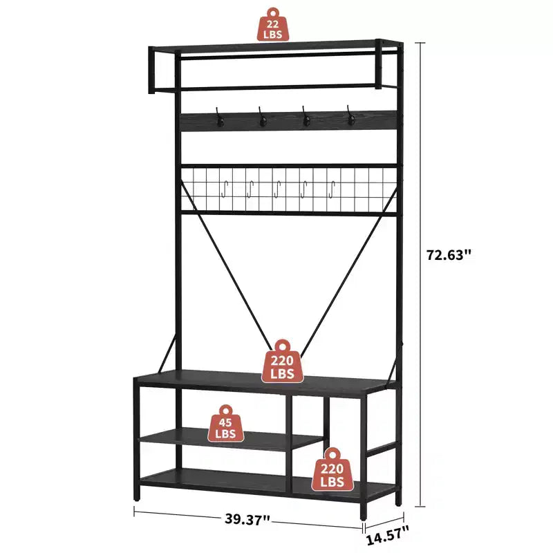 Garvee, attaccapanni da ingresso 5 in 1, con panca e ganci, 184 cm, per scarpe e cappotti, per ingresso, corridoio, camera da letto