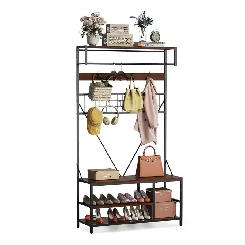 Garvee, attaccapanni da ingresso 5 in 1, con panca e ganci, 184 cm, per scarpe e cappotti, per ingresso, corridoio, camera da letto