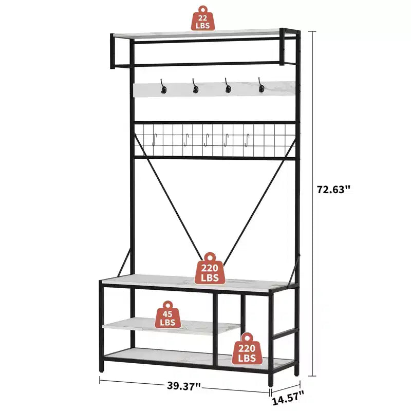 Garvee, attaccapanni da ingresso 5 in 1, con panca e ganci, 184 cm, per scarpe e cappotti, per ingresso, corridoio, camera da letto