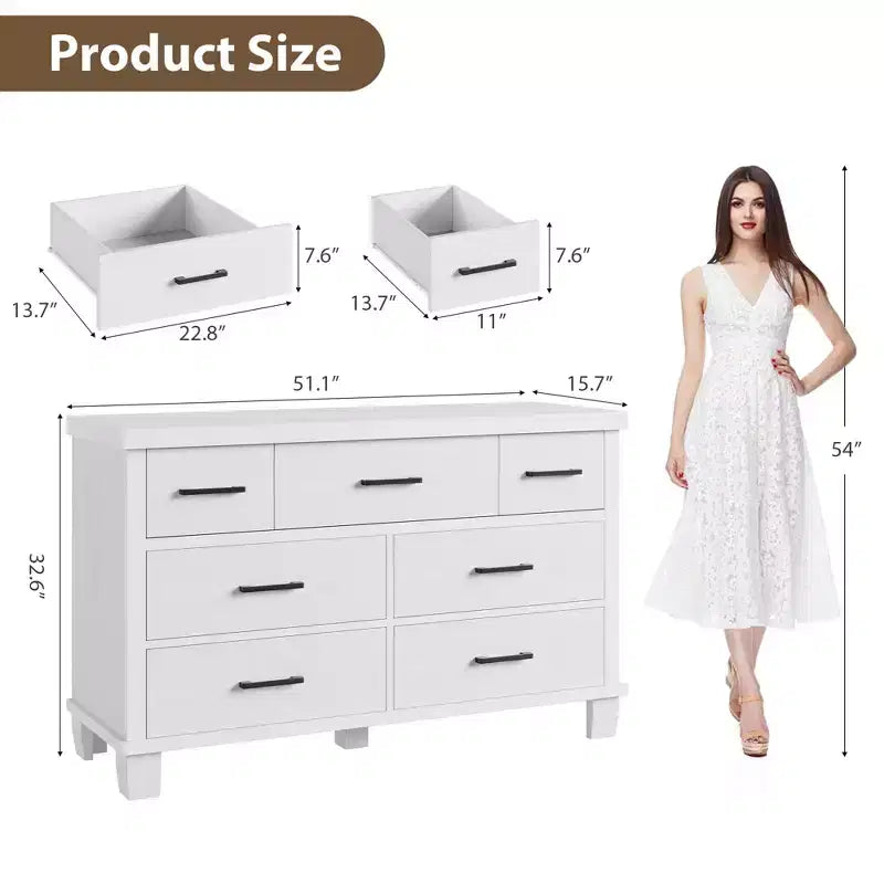 Cassettiera in legno a 7 cassetti per camera da letto, Comò con maniglie in metallo, Organizer per soggiorno, armadio, ingresso, cameretta, Elegante e funzionale