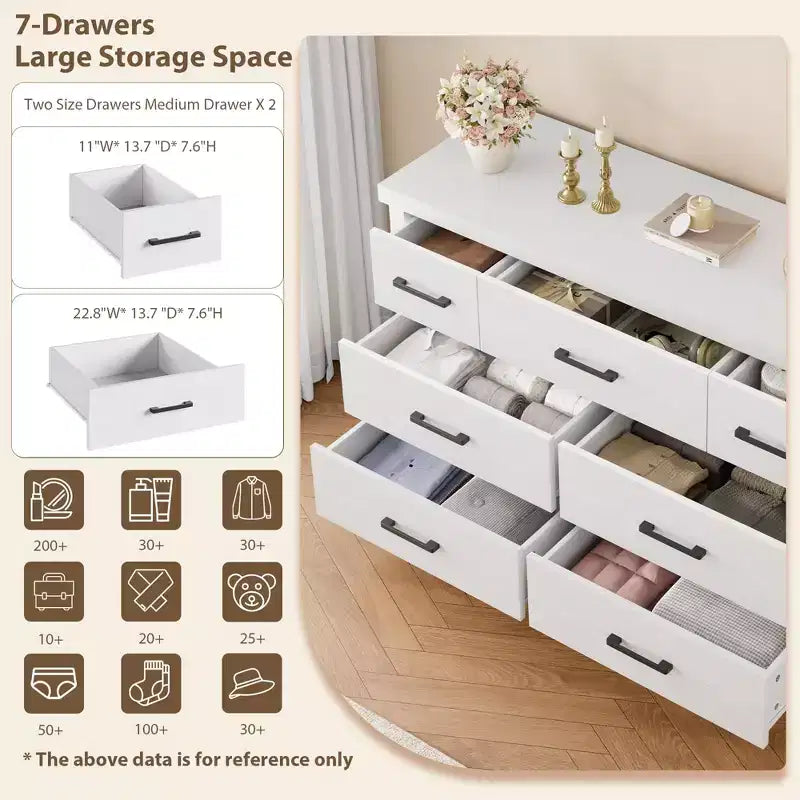 Cassettiera in legno a 7 cassetti per camera da letto, Comò con maniglie in metallo, Organizer per soggiorno, armadio, ingresso, cameretta, Elegante e funzionale