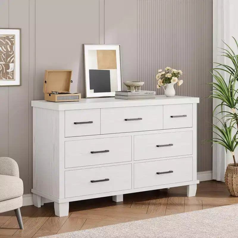 Cassettiera in legno a 7 cassetti per camera da letto, Comò con maniglie in metallo, Organizer per soggiorno, armadio, ingresso, cameretta, Elegante e funzionale