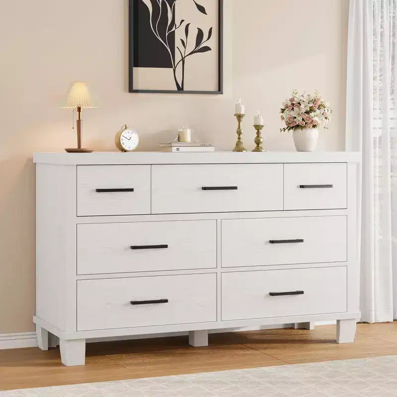 Cassettiera in legno a 7 cassetti per camera da letto, Comò con maniglie in metallo, Organizer per soggiorno, armadio, ingresso, cameretta, Elegante e funzionale