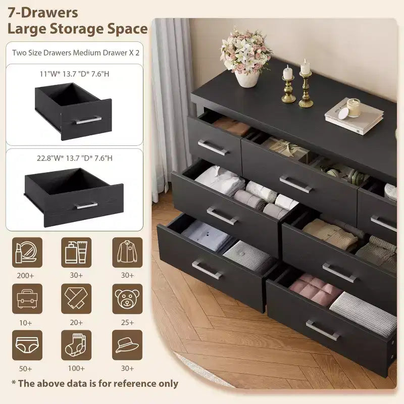 Cassettiera in legno a 7 cassetti per camera da letto, Comò con maniglie in metallo, Organizer per soggiorno, armadio, ingresso, cameretta, Elegante e funzionale