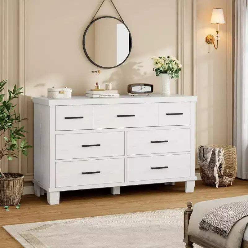 Cassettiera in legno a 7 cassetti per camera da letto, Comò con maniglie in metallo, Organizer per soggiorno, armadio, ingresso, cameretta, Elegante e funzionale
