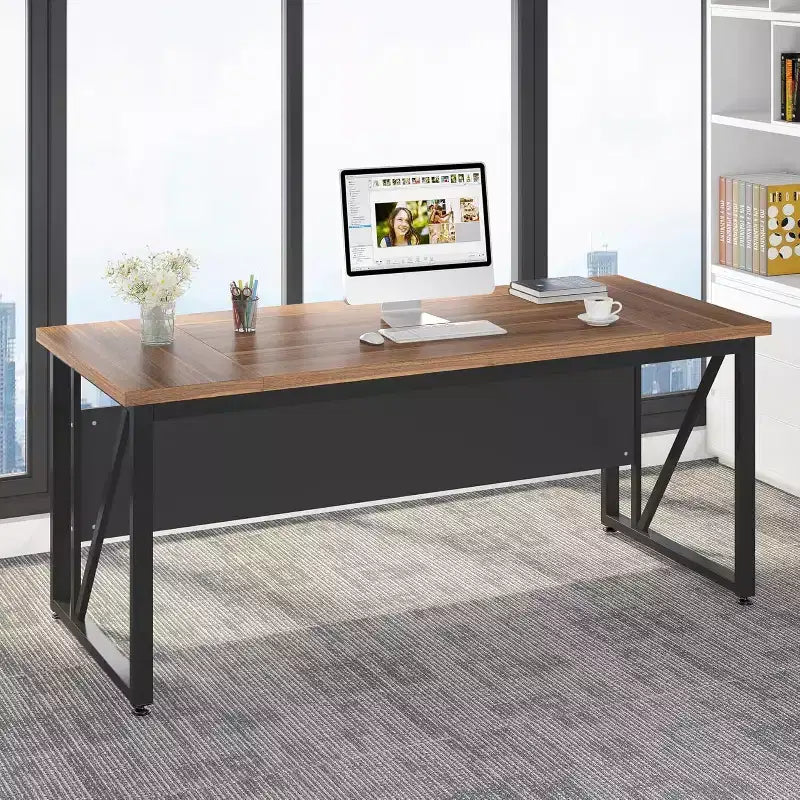 Scrivania per computer da 63 pollici, tavolo da scrittura moderno per ufficio domestico, finitura in noce scuro con gambe in acciaio