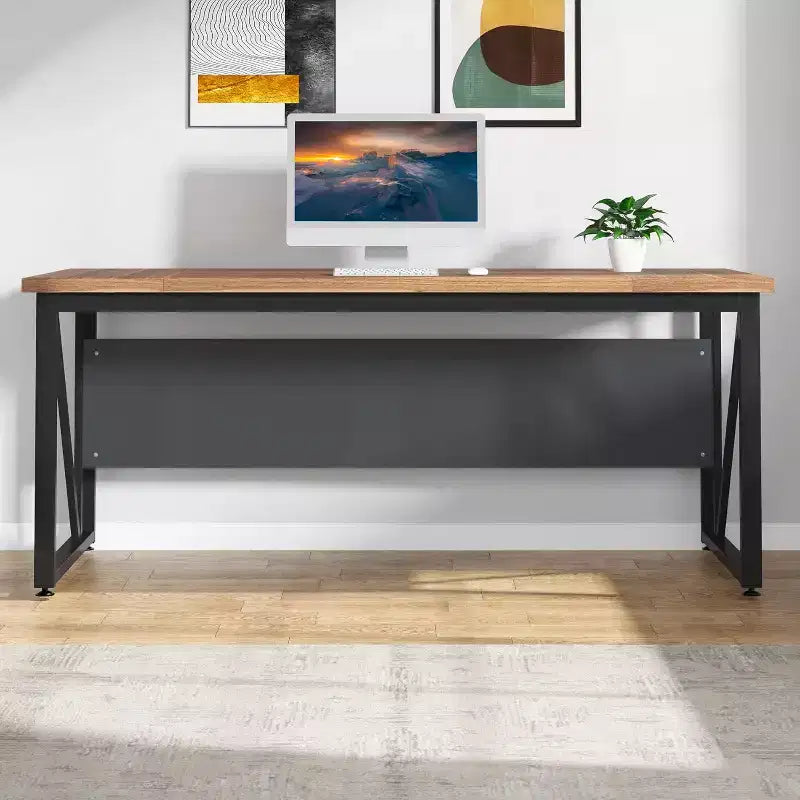 Scrivania per computer da 63 pollici, tavolo da scrittura moderno per ufficio domestico, finitura in noce scuro con gambe in acciaio