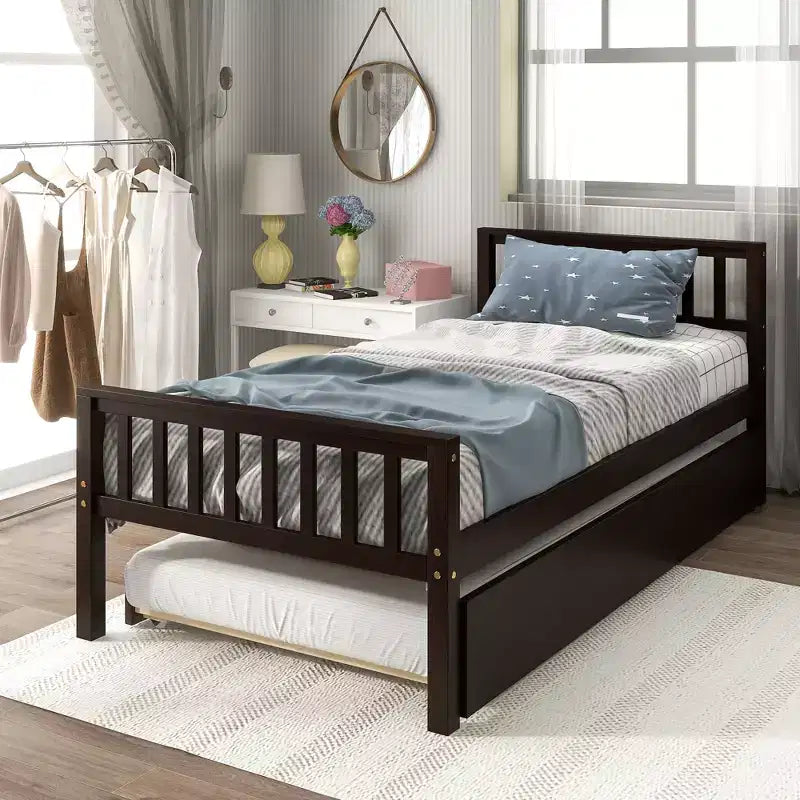 Letto a Piattaforma Gemello con Letto Estraibile, Struttura in Legno Massello di Pino con Testiera, Nessuna Rete a Molle Necessaria