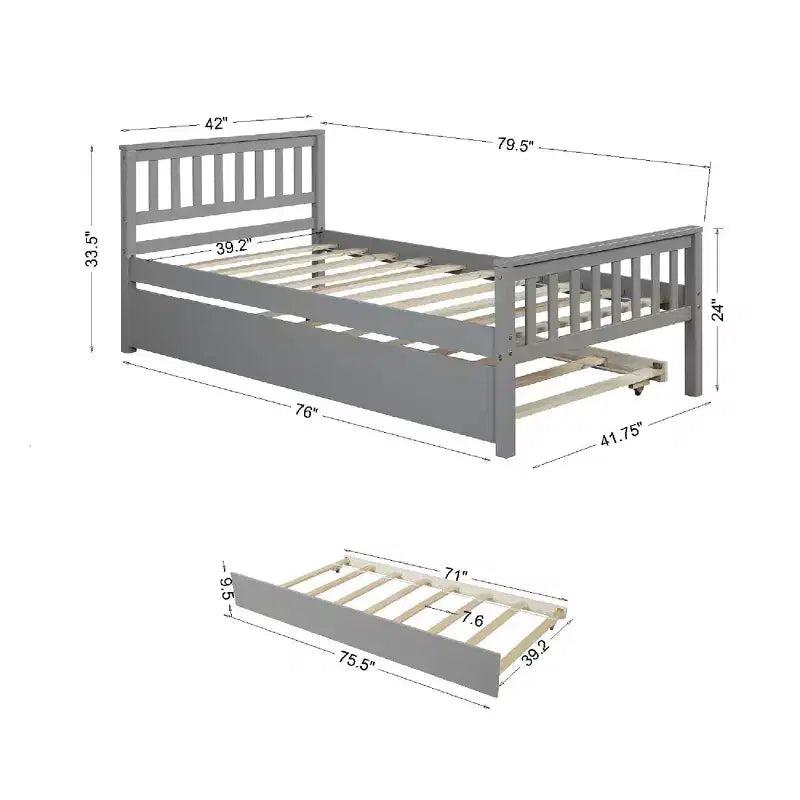 Letto a Piattaforma Gemello con Letto Estraibile, Struttura in Legno Massello di Pino con Testiera, Nessuna Rete a Molle Necessaria