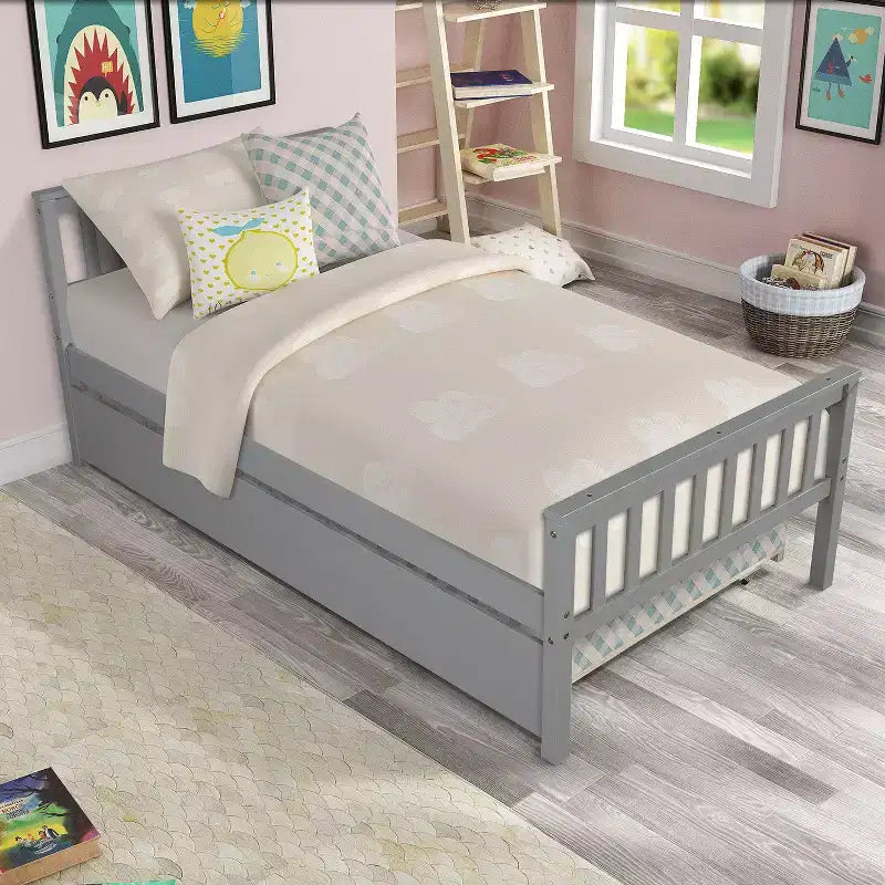 Letto a Piattaforma Gemello con Letto Estraibile, Struttura in Legno Massello di Pino con Testiera, Nessuna Rete a Molle Necessaria