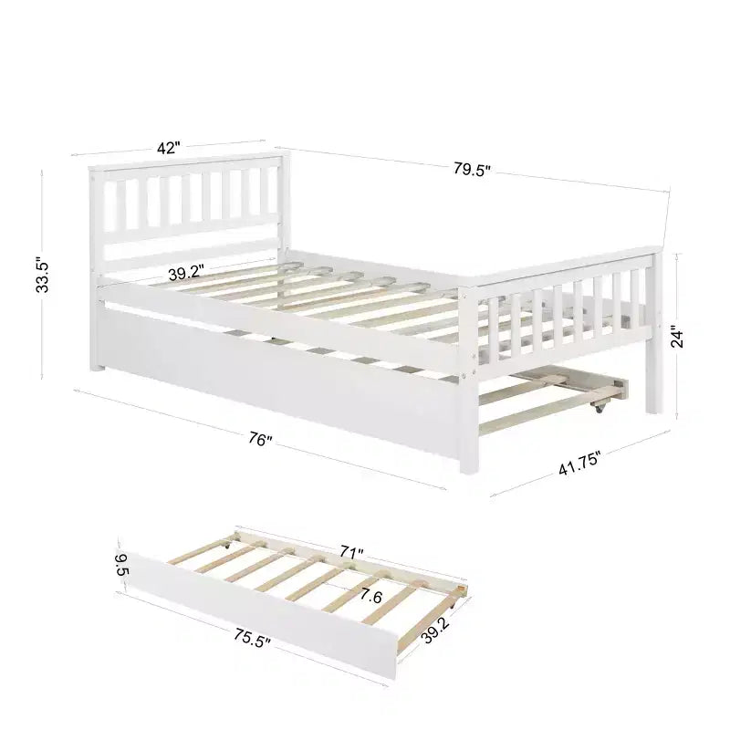 Letto a Piattaforma Gemello con Letto Estraibile, Struttura in Legno Massello di Pino con Testiera, Nessuna Rete a Molle Necessaria