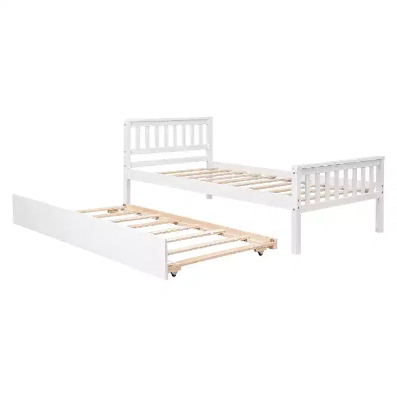 Letto a Piattaforma Gemello con Letto Estraibile, Struttura in Legno Massello di Pino con Testiera, Nessuna Rete a Molle Necessaria