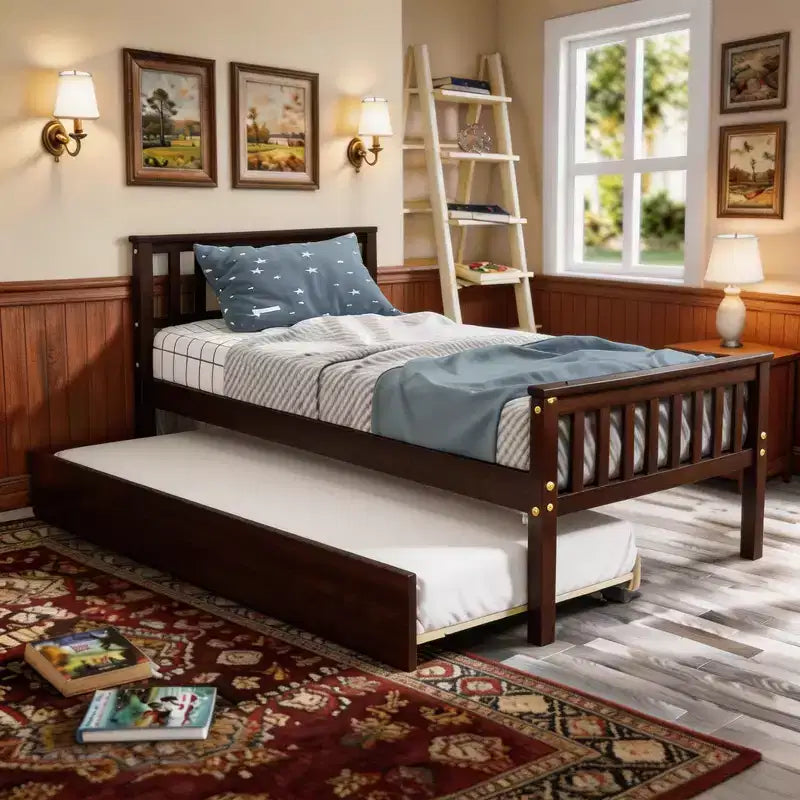 Letto a Piattaforma Gemello con Letto Estraibile, Struttura in Legno Massello di Pino con Testiera, Nessuna Rete a Molle Necessaria