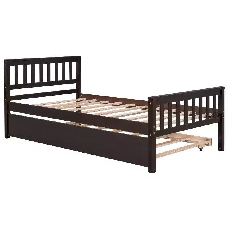 Letto a Piattaforma Gemello con Letto Estraibile, Struttura in Legno Massello di Pino con Testiera, Nessuna Rete a Molle Necessaria