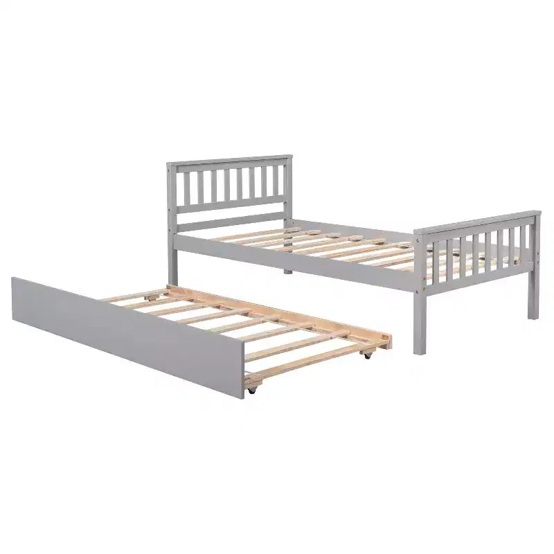 Letto a Piattaforma Gemello con Letto Estraibile, Struttura in Legno Massello di Pino con Testiera, Nessuna Rete a Molle Necessaria