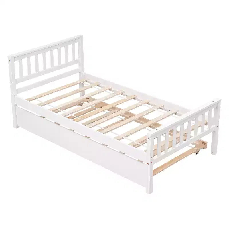 Letto a Piattaforma Gemello con Letto Estraibile, Struttura in Legno Massello di Pino con Testiera, Nessuna Rete a Molle Necessaria