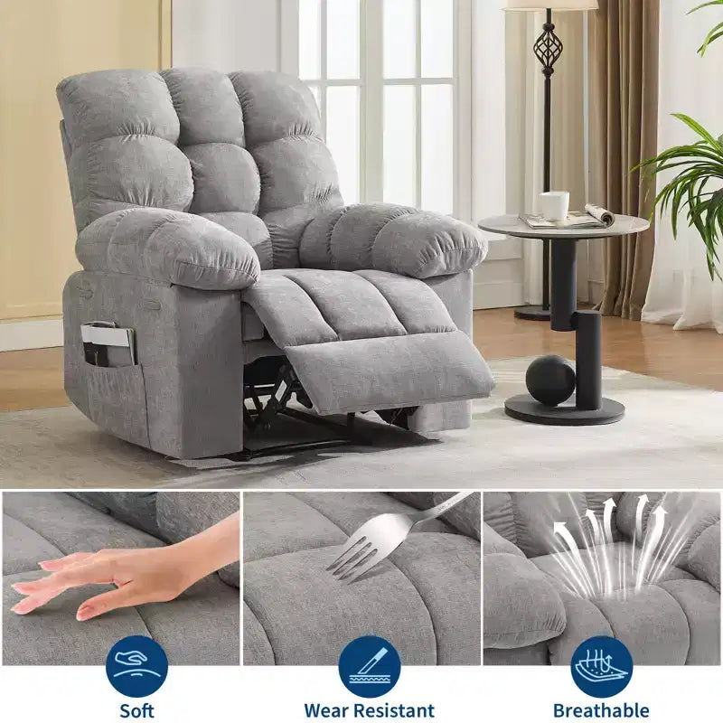 Ampia Poltrona Reclinabile Dondolante con Massaggio e Riscaldamento per Adulti, Divano Ergonomico Imbottito in Tessuto Traspirante con 2 Tasche Laterali, Soggiorno