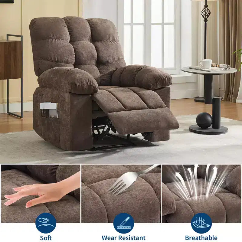 Ampia Poltrona Reclinabile Dondolante con Massaggio e Riscaldamento per Adulti, Divano Ergonomico Imbottito in Tessuto Traspirante con 2 Tasche Laterali, Soggiorno