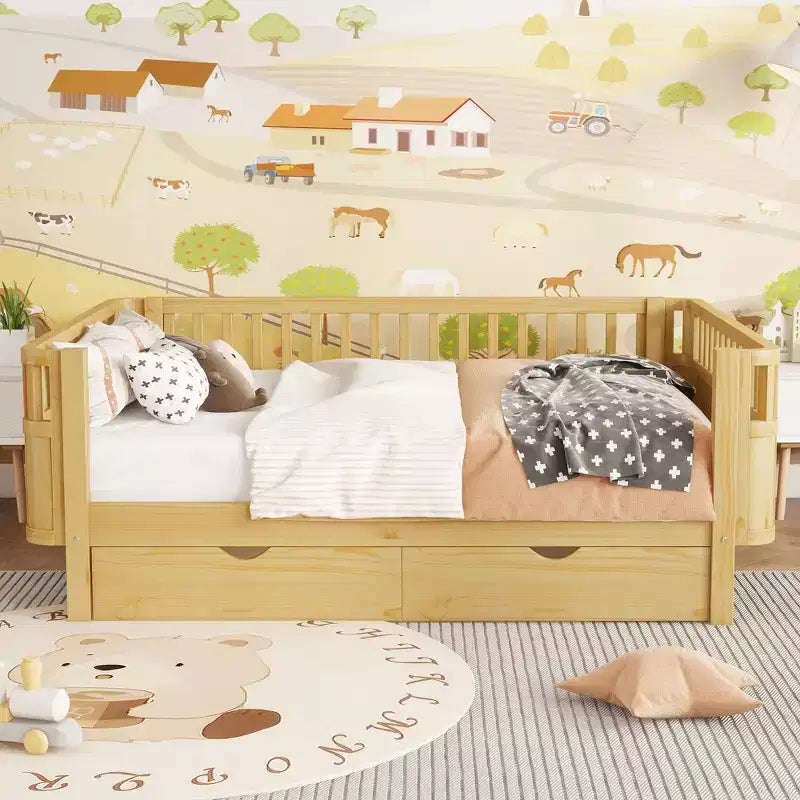 Letto a piattaforma in legno full-size per bambini, struttura letto a basso profilo con sponde di sicurezza per bambine e bambini, naturale