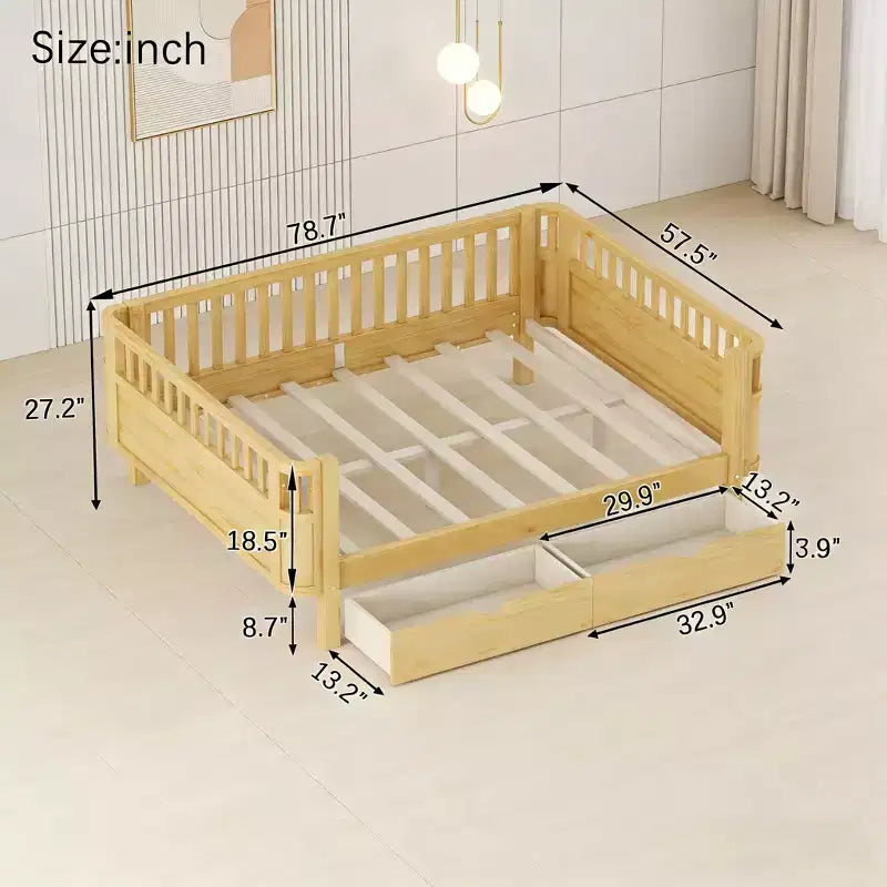 Letto a piattaforma in legno full-size per bambini, struttura letto a basso profilo con sponde di sicurezza per bambine e bambini, naturale