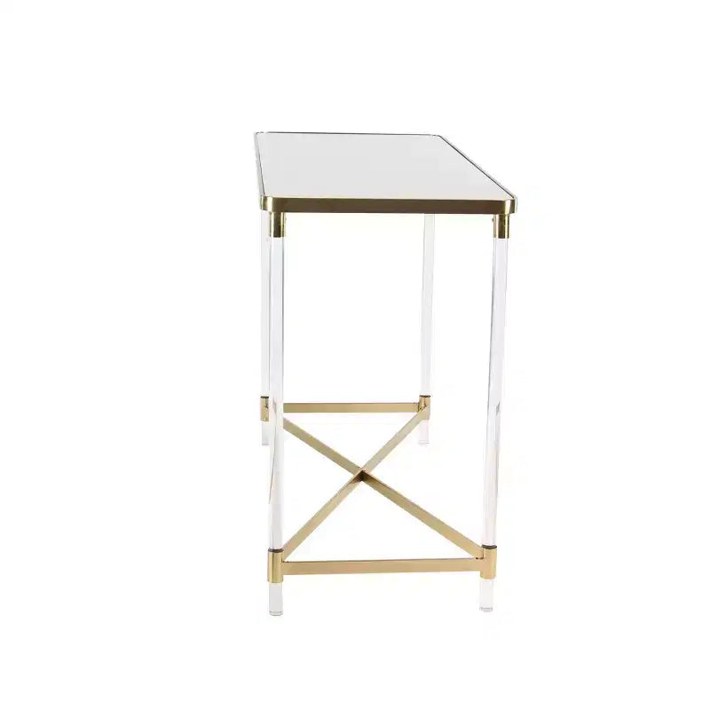 Consolle moderna in acrilico, finitura oro, tavolo da ingresso contemporaneo