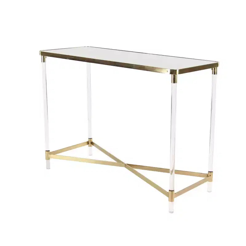 Consolle moderna in acrilico, finitura oro, tavolo da ingresso contemporaneo