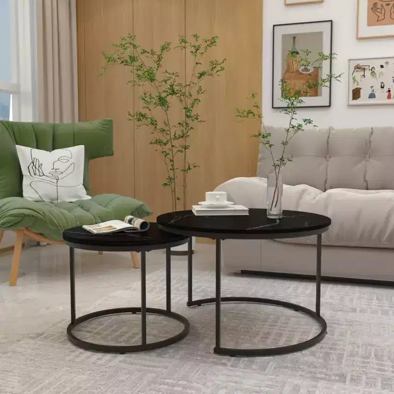Tavolino da caffè HOMLUX, set di 2 tavolini rotondi in marmo, colore nero/bianco/marrone