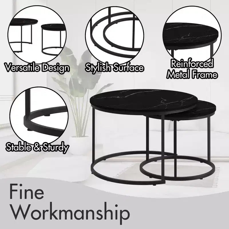 Tavolino da caffè HOMLUX, set di 2 tavolini rotondi in marmo, colore nero/bianco/marrone